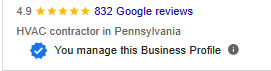 4.9 star rating with 832 Google reviews for an HVAC contractor