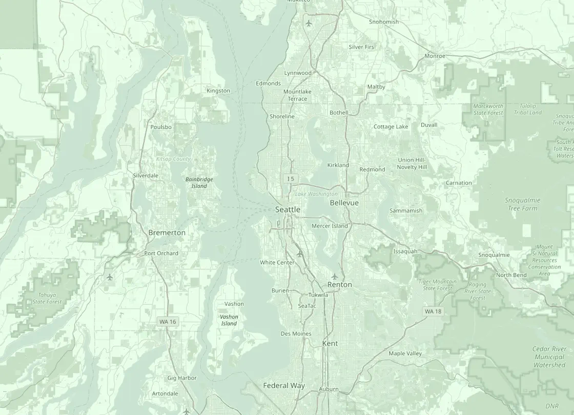 Coverage map of the Seattle HVAC service area, with Seattle and the nearby markets Bellevue, Kirkland, Renton, Kent, Lynnwood