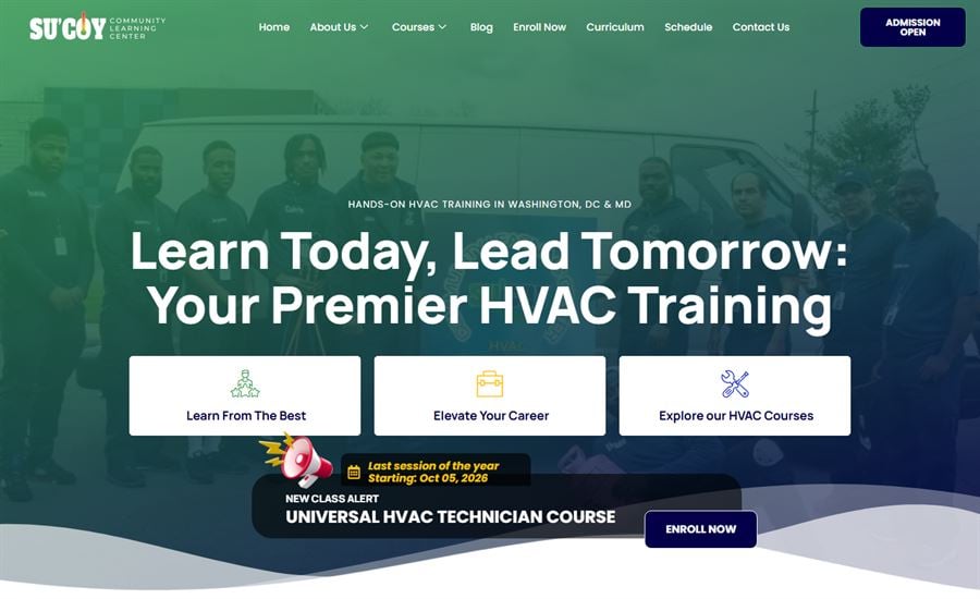 The Su&rsquo;Coy Community Learning Center home page, headlined &ldquo;Learn Today, Lead Tomorrow&rdquo; over a photograph of their HVAC training class