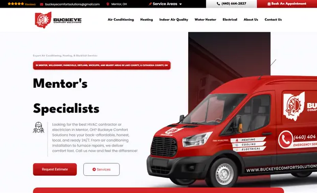 The Buckeye Comfort Solutions home page, Mentor, Ohio, led by their red branded service van