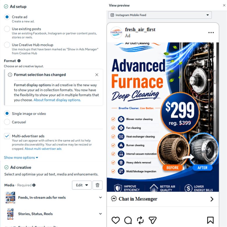 A Meta paid ad for HVAC furnace deep cleaning