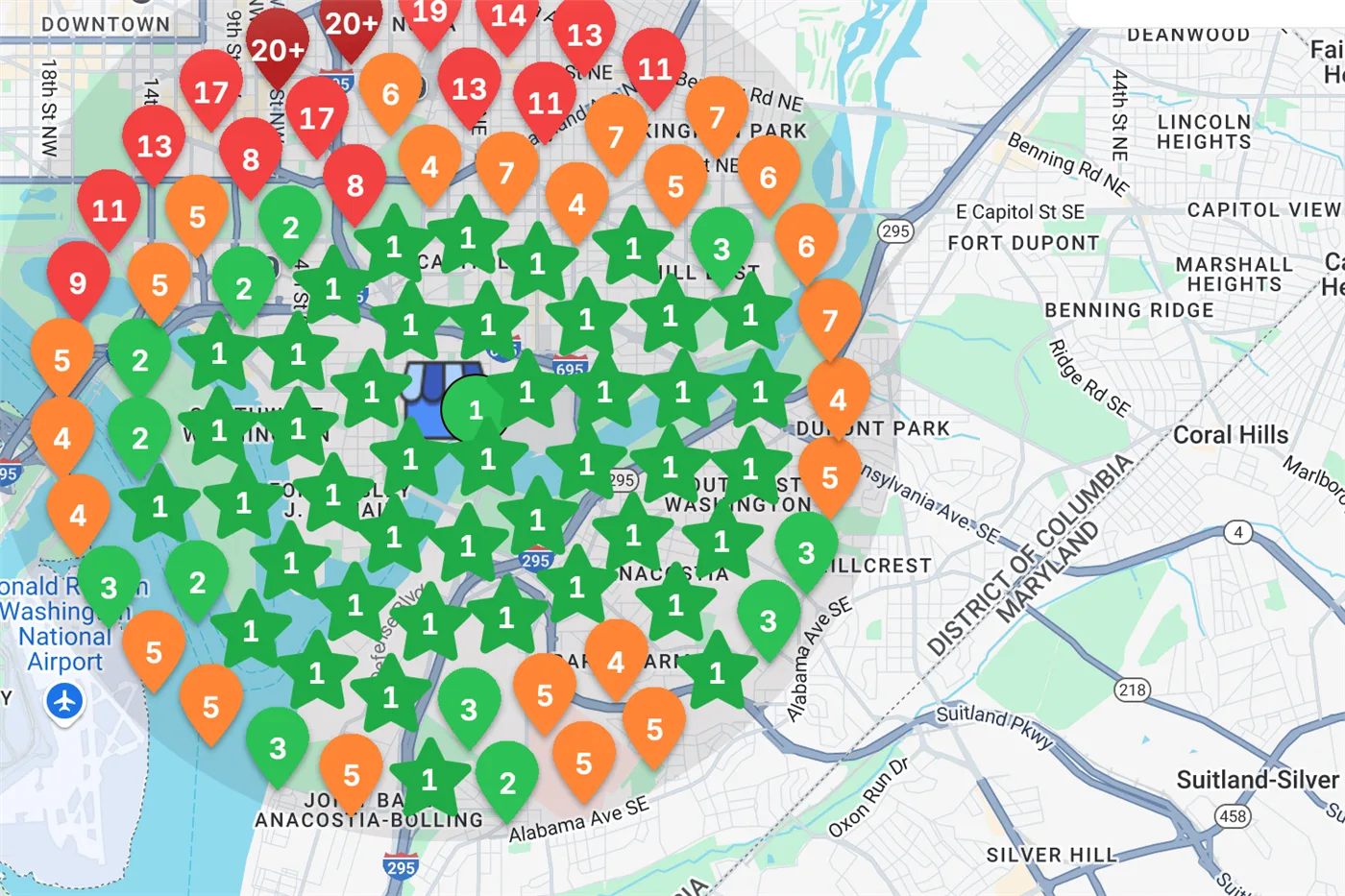 A real Google rank heatmap across a metro service area. Pins near the shop rank in the top three, and pins further out fall to fourth place and lower.