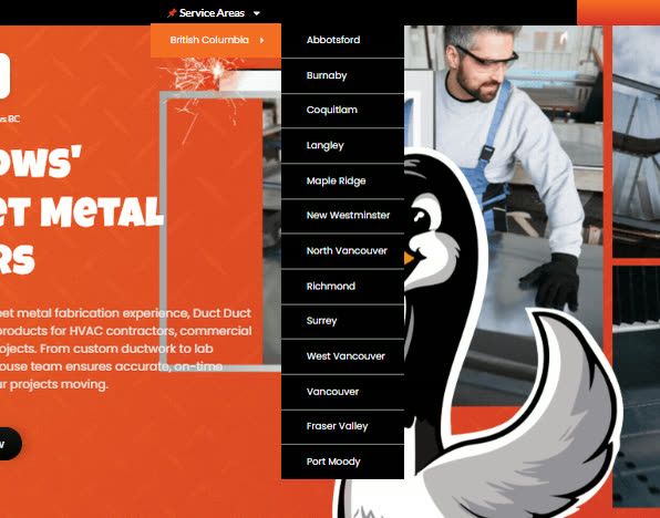 The Duct Duct Goose service areas menu open, listing thirteen British Columbia locations from Abbotsford and Burnaby through to Vancouver and Port Moody