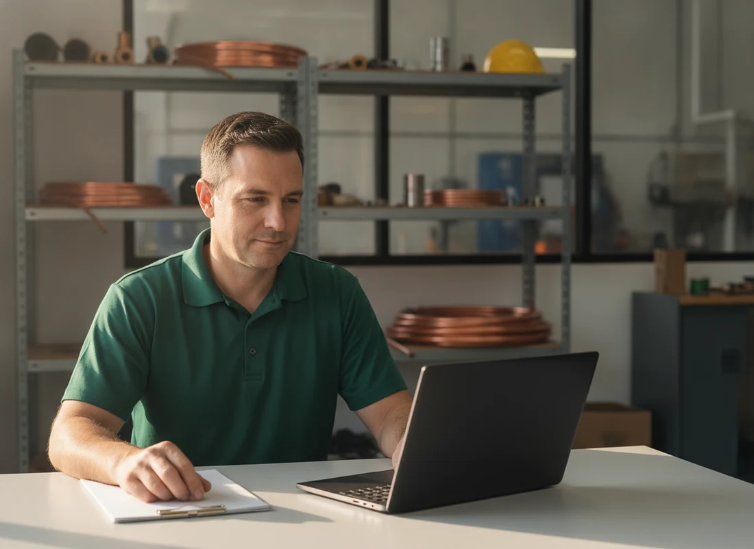 An HVAC business owner going over his numbers on a laptop at his shop desk
