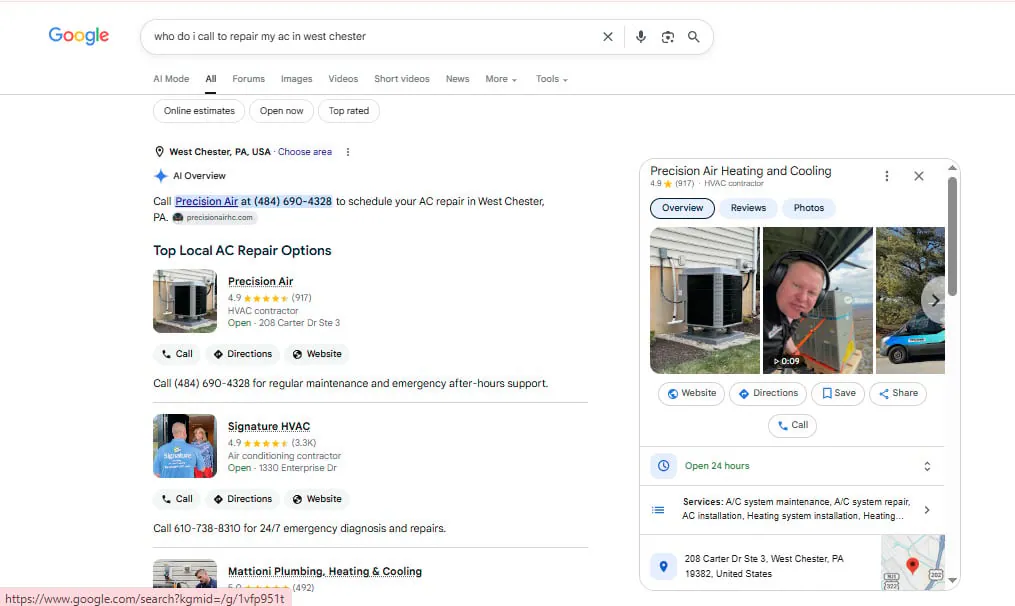 Screenshot of a Google results page for the query who do i call to repair my ac in west chester. An AI Overview sits at the top of the results, naming one contractor with a phone number and a link to call for AC repair. Below it a Top Local AC Repair Options list shows three HVAC businesses with their star ratings, review counts, opening status, and Call, Directions, and Website buttons. A business profile panel on the right carries photos, an Open 24 hours row, a services row, and a street address with a map.