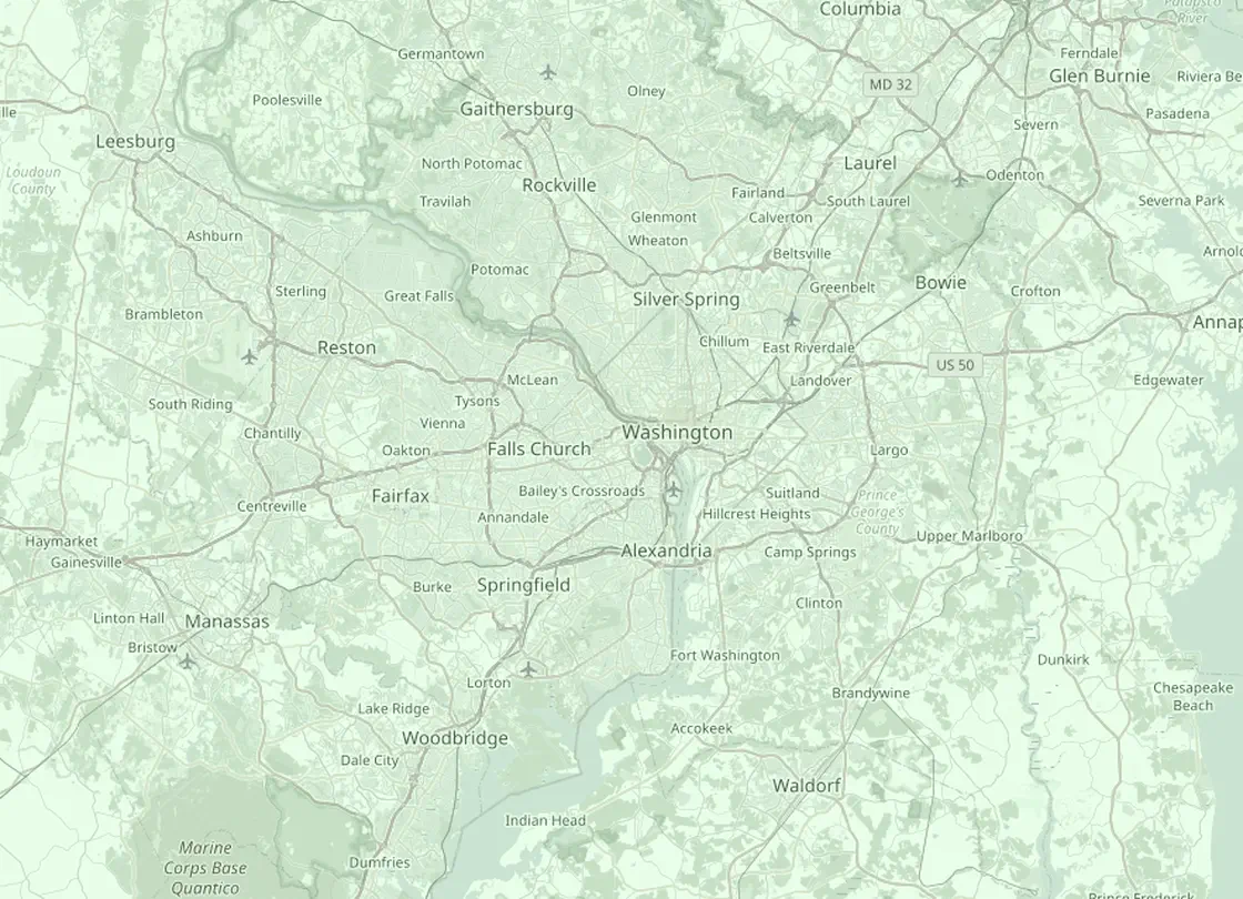 Coverage map of the Arlington HVAC service area, with Arlington and the nearby markets Falls Church, Alexandria, McLean, Springfield, Bethesda