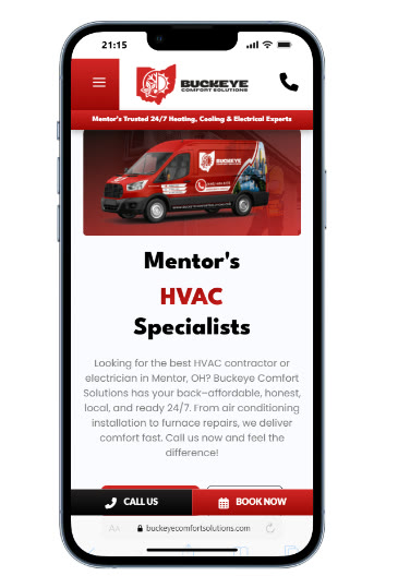 HVAC contractor mobile homepage with a service van and click-to-call buttons
