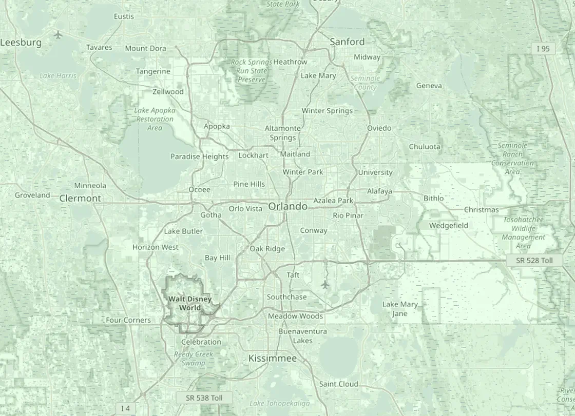 Coverage map of the Orlando HVAC service area, with Orlando and the nearby markets Winter Park, Apopka, Kissimmee, Sanford, Clermont