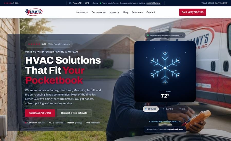 The Lexany&rsquo;s Heating and Air home page, Forney, Texas, led by a homeowner using a smart thermostat