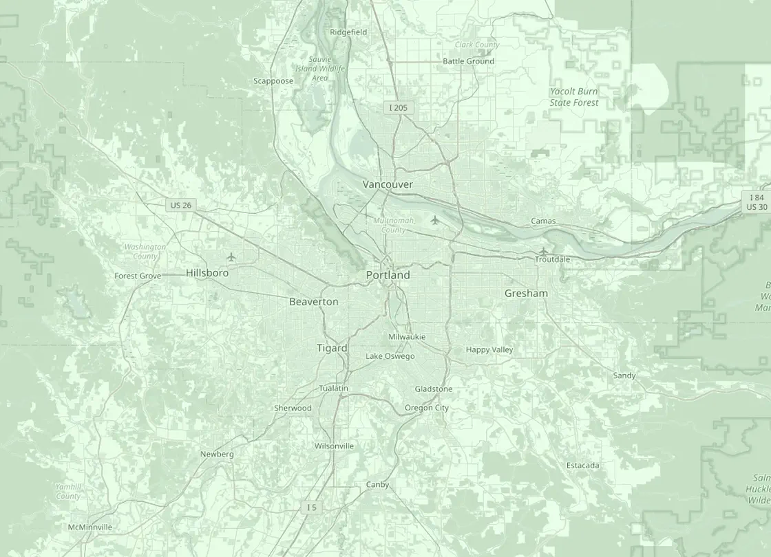 Coverage map of the Portland HVAC service area, with Portland and the nearby markets Beaverton, Gresham, Lake Oswego, Hillsboro, Vancouver