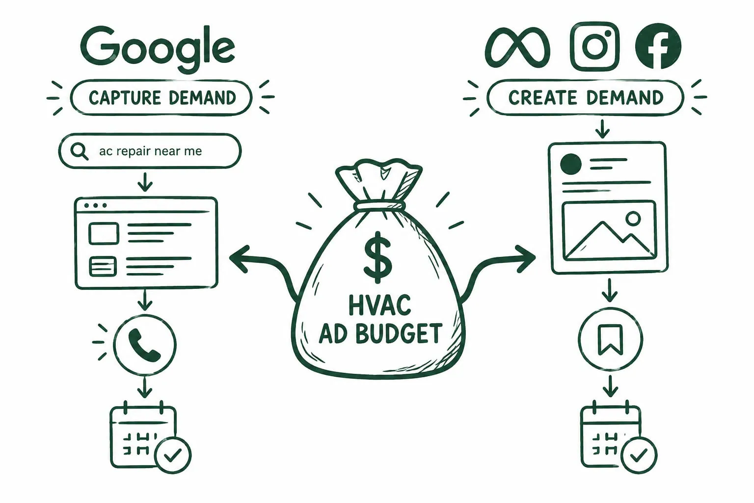 Hand-drawn diagram of an HVAC ad budget split two ways: Google captures demand, from an 'ac repair near me' search to a results page, a phone call and a booked job, while Meta, Instagram and Facebook create demand, from a social post to a saved ad and a booked job.