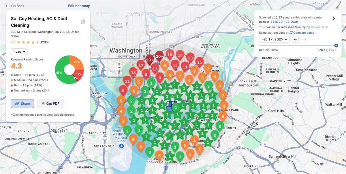 Local ranking heatmap for Su&rsquo;Coy Heating, AC & Duct Cleaning across Washington, DC, showing first-place rankings across the core service area