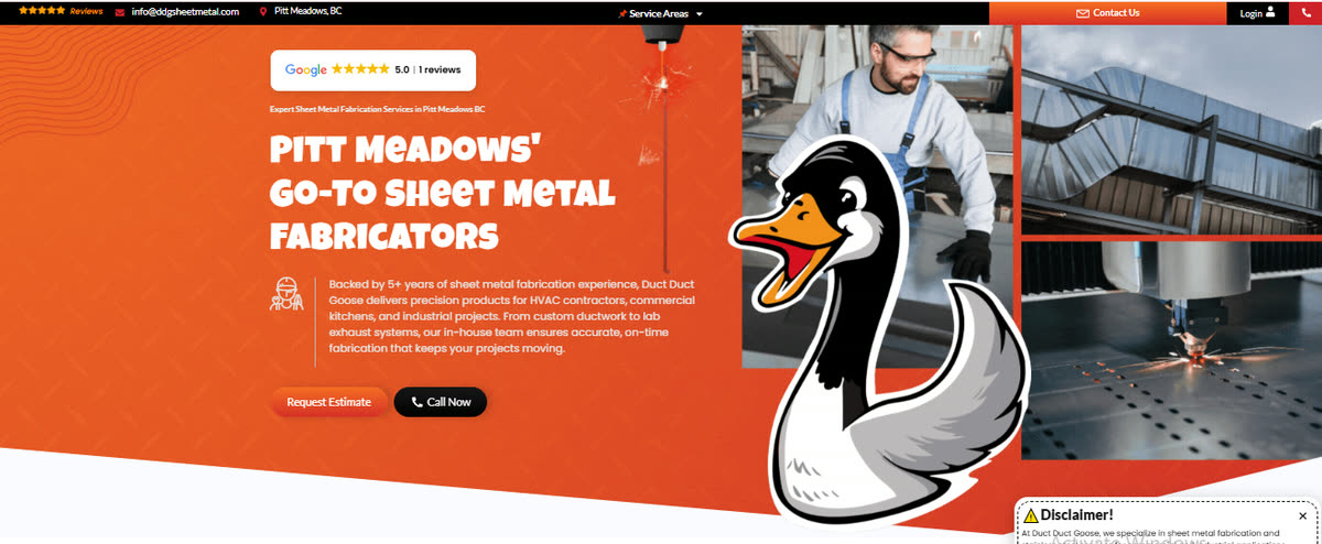 The Duct Duct Goose home page headlined as Pitt Meadows sheet metal fabricators, with the goose mascot and welding and laser-cutting photography