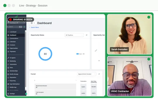 A live strategy session in progress: Sarah Gonzales and an HVAC contractor reviewing a lead dashboard on a shared screen
