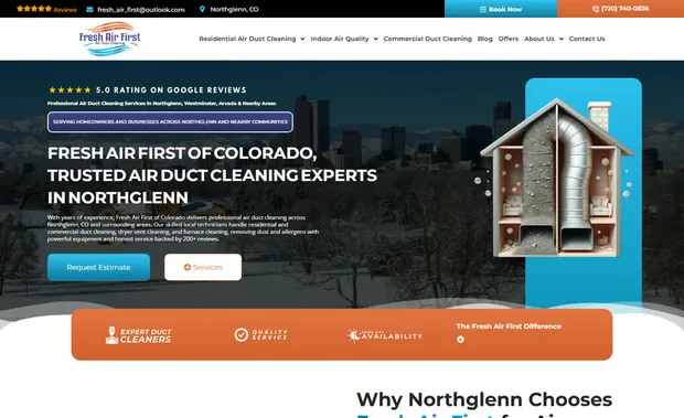 The Fresh Air First home page, Northglenn, Colorado, showing a cutaway house with ductwork over the Denver skyline