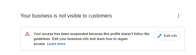 A Google Business Profile dashboard reading: your business is not visible to customers, your access has been suspended because this profile doesn&rsquo;t follow the guidelines