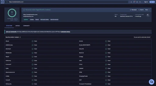 Security vendor analysis of an HVAC client site showing every scanner reporting clean, no malware detected