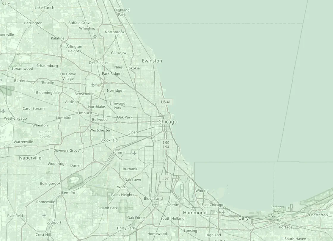 Coverage map of the Chicago HVAC service area, with Chicago and the nearby markets Evanston, Oak Park, Cicero, Skokie, Naperville