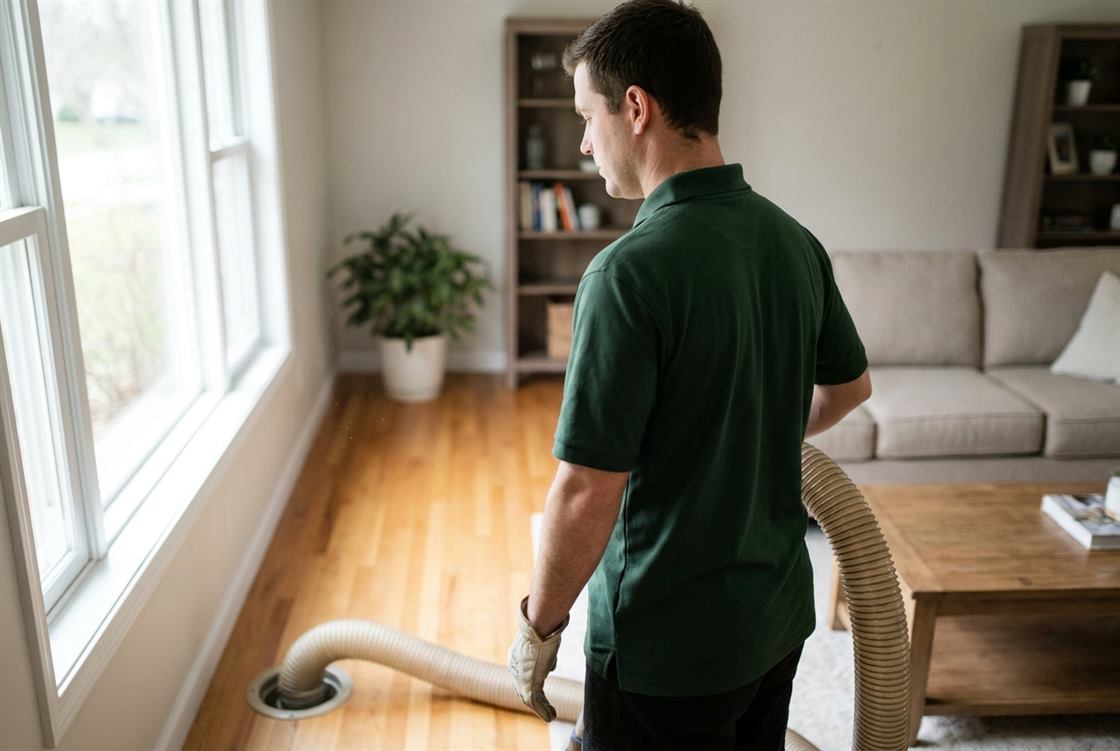 A duct cleaning technician feeding a vacuum hose into a floor supply register in a bright living room