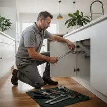 A plumber kneeling at an open under-sink cabinet with a pipe wrench