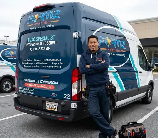 The founder of Fortiz HVAC standing with arms crossed, leaning against his branded service van