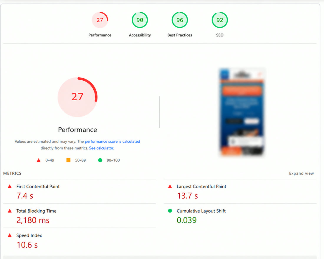 PageSpeed Insights report with Core Web Vitals scores for an HVAC website