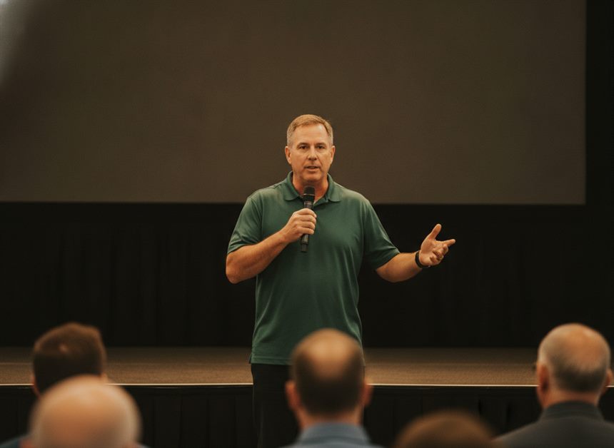 A home-services business owner speaking on stage at a regional trade conference