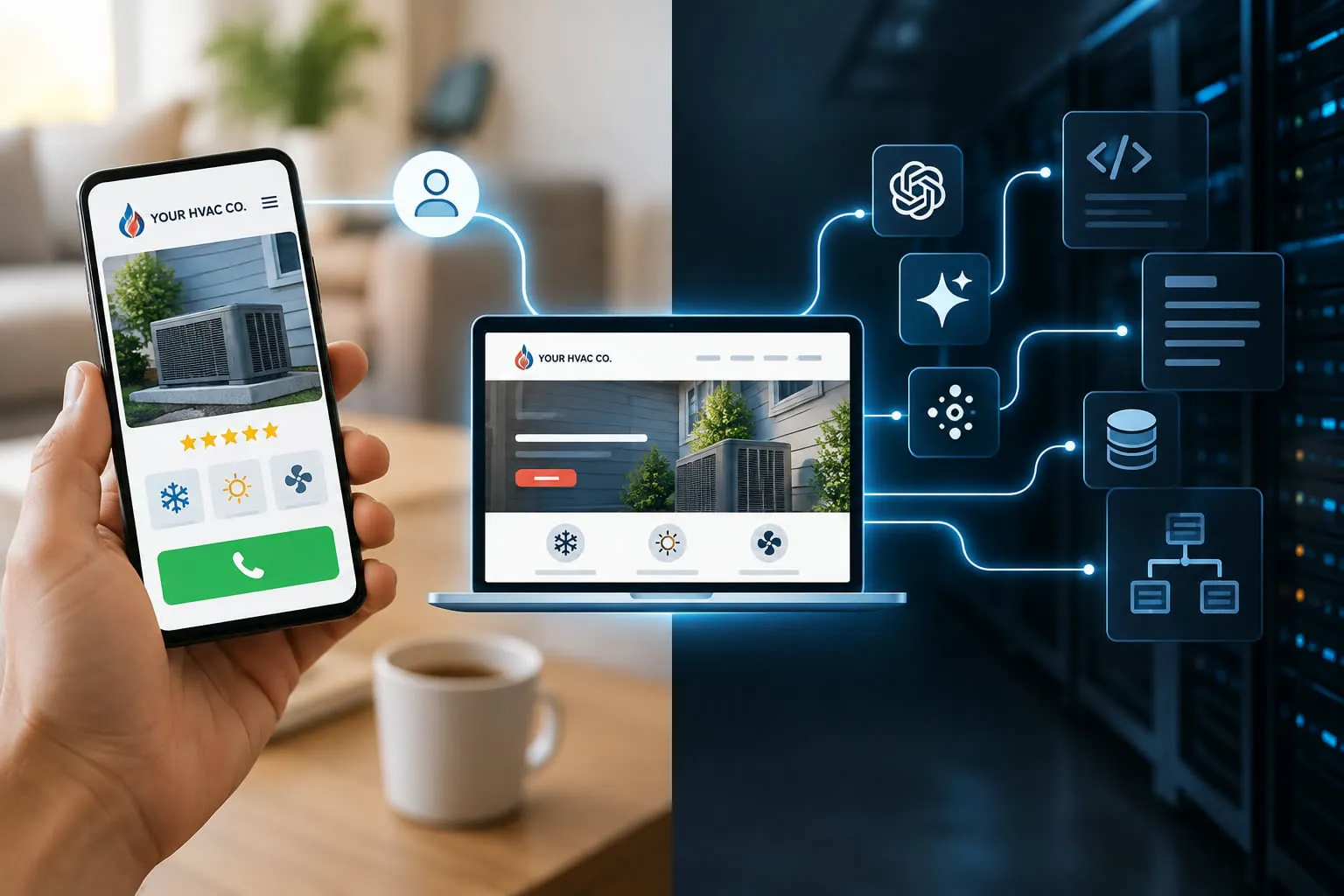One HVAC company website and its two readers: a homeowner's phone and a laptop showing the site's call button and service icons, and on the right the same site wired to AI assistant, code, document and database icons in a dark server room.