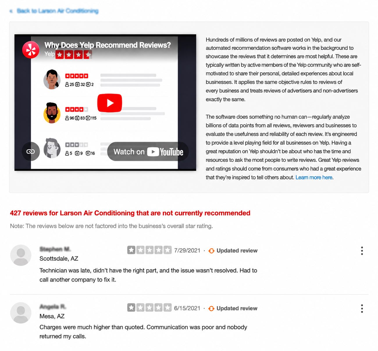 Yelp's not-currently-recommended filter explanation with reviews suppressed from the public profile