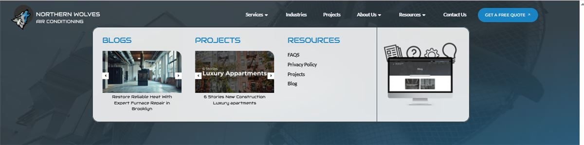 The Northern Wolves Resources menu, linking blog articles, project write-ups and an FAQ section