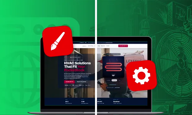 Published feature banner: a laptop showing two HVAC website designs split down the middle, flanked by paintbrush and gear badges