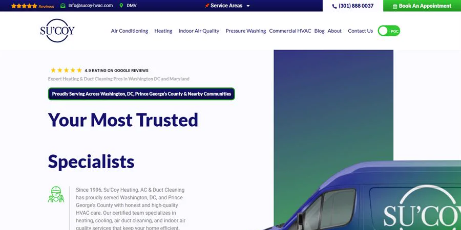 The live homepage of Su'Coy Heating, AC and Duct Cleaning, a rebuilt client website