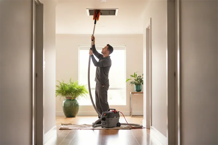 An air duct cleaning technician running a vacuum hose into a ceiling supply vent in a bright residential hallway