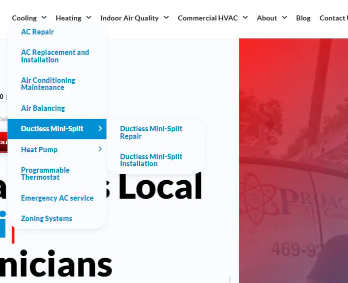 HVAC website navigation listing a dedicated page for every service from AC repair to ductless mini-splits