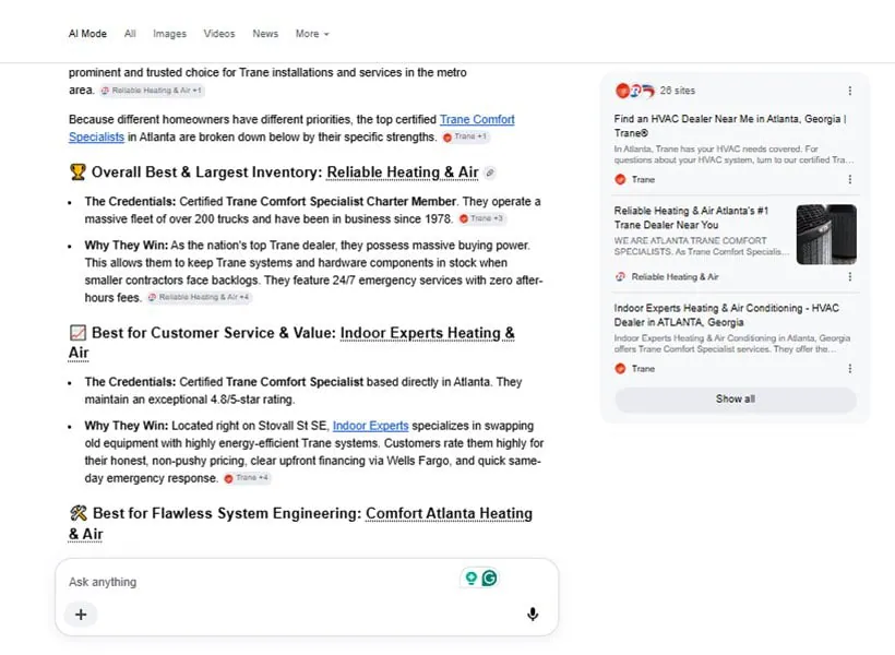 Google AI Mode answer recommending HVAC dealers in Atlanta, including Indoor Experts Heating & Air