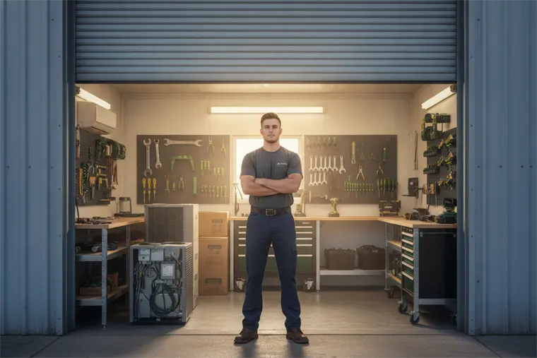 A new HVAC business owner standing in the open doorway of his workshop bay at sunrise