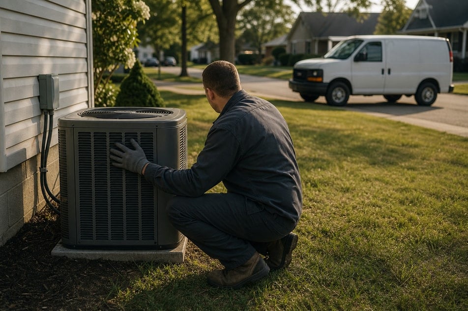 An HVAC technician on a rooftop checking condenser units with a tablet.