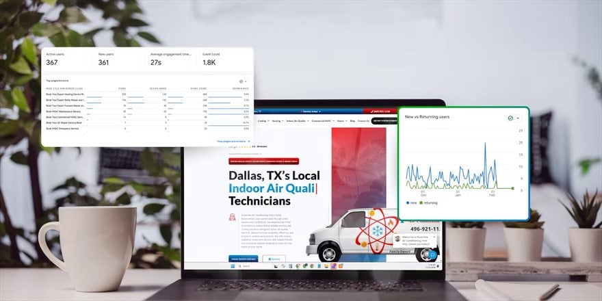 A real HVAC client website shown beside its Google Analytics engagement report