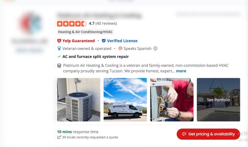 Platinum Air Heating & Cooling Yelp business profile with 4.7 rating and 10-minute response time