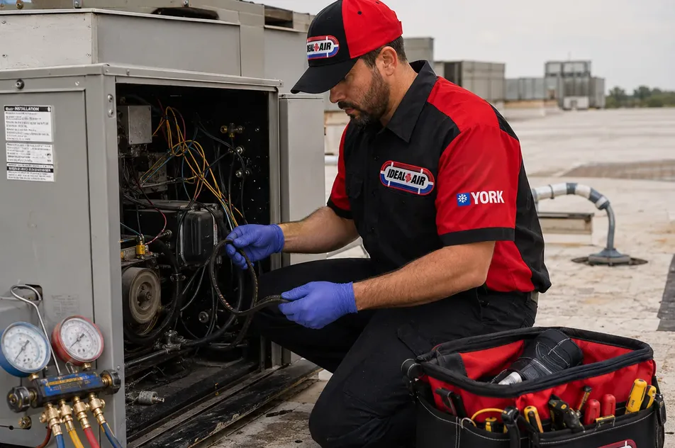 A uniformed technician kneeling at an opened rooftop package unit, checking its wiring and refrigerant lines.