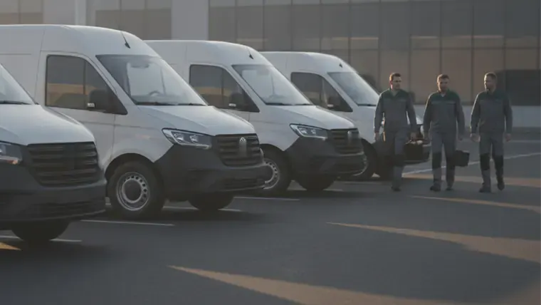 A row of five unmarked white HVAC service vans parked on a yard at golden hour