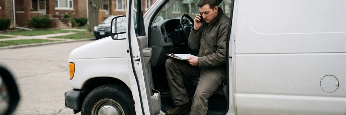 A contractor sitting in the open doorway of a work van with a clipboard and a phone.