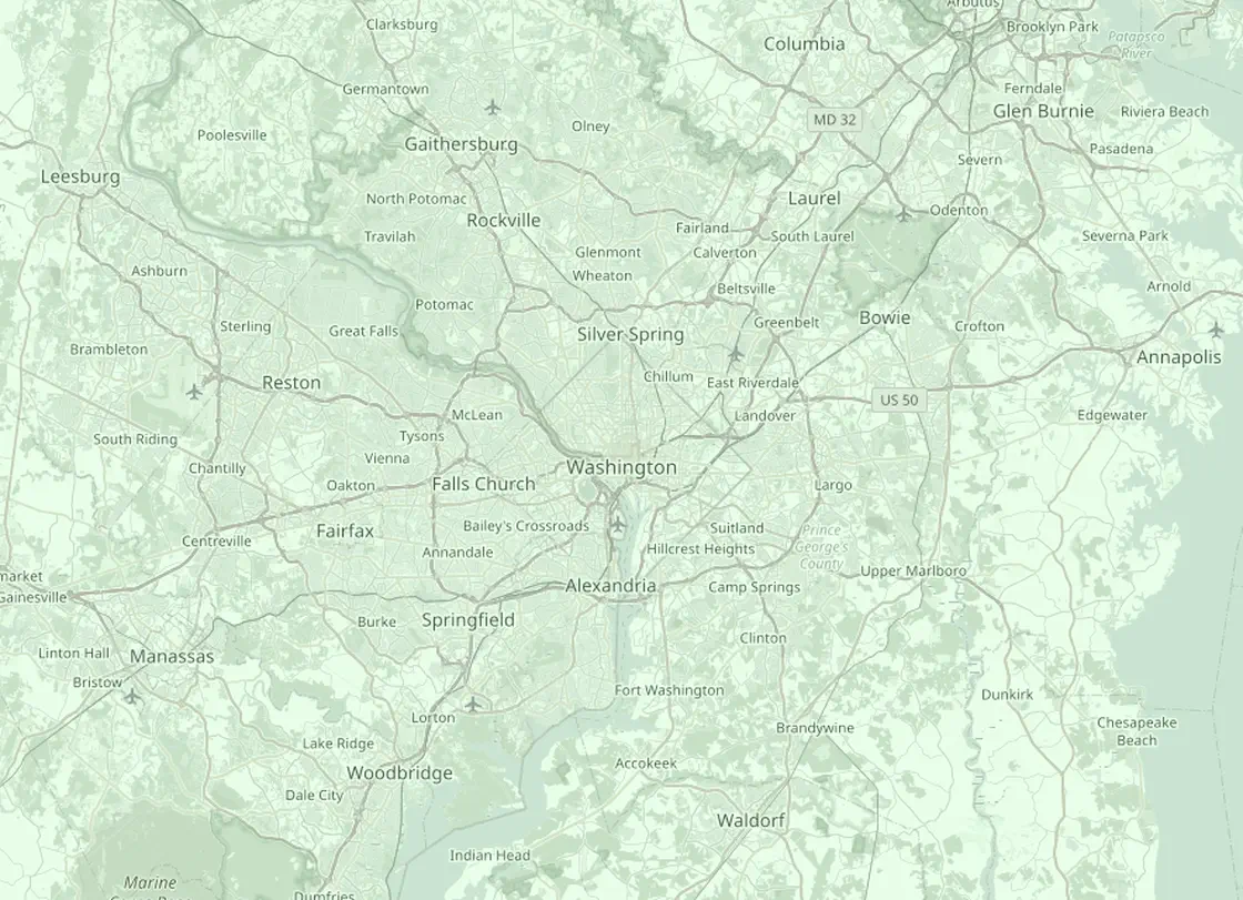 Coverage map of the Washington HVAC service area, with Washington and the nearby markets Arlington, Bethesda, Silver Spring, Alexandria, Hyattsville
