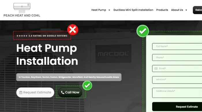 A live HVAC contractor landing page under review, showing the heat pump installation offer, the quote form and the call button