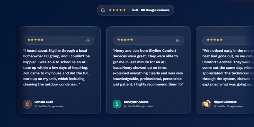 A client website featuring its Google reviews in a branded carousel, built by RS Gonzales