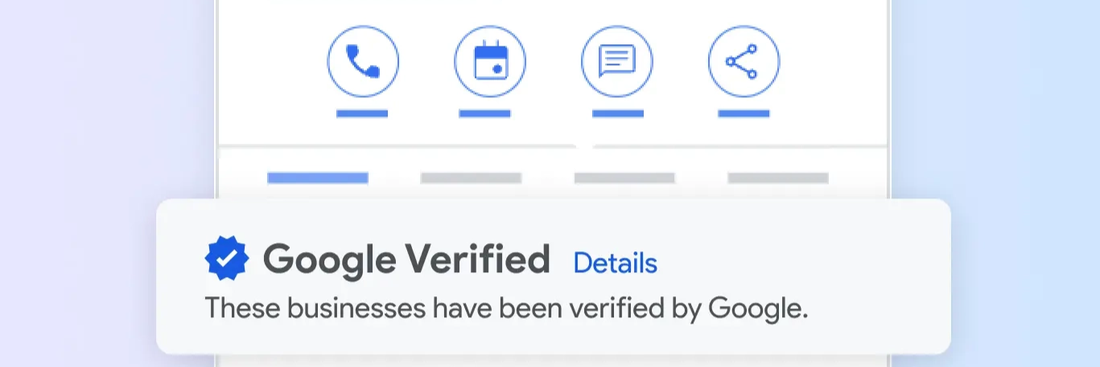 Google Verified popup card from inside an LSA listing — Call / Book / Message / Share action row with 'Google Verified · These businesses have been verified by Google.'