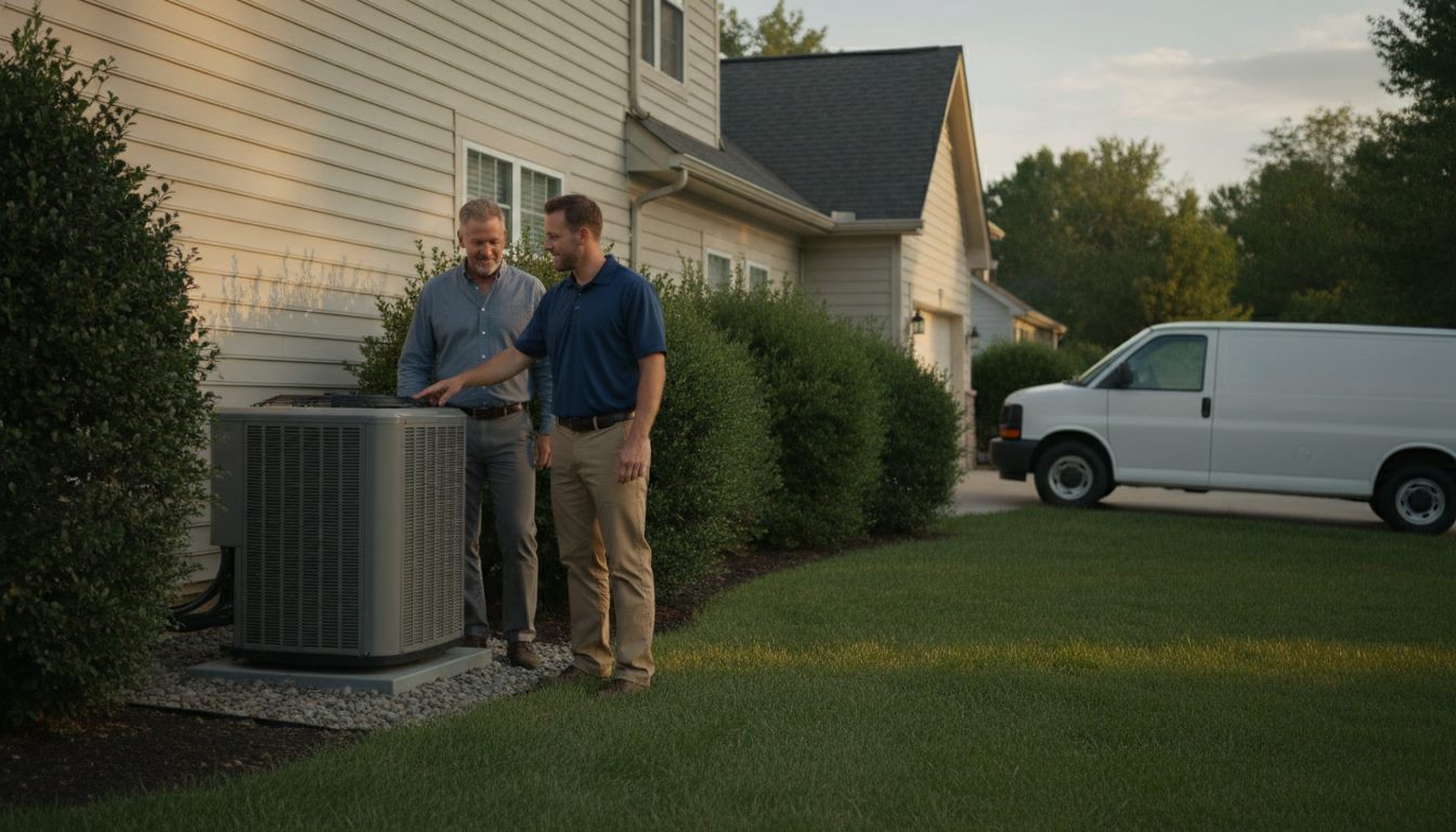 An HVAC technician explaining an outdoor condenser unit to a homeowner beside a suburban home, with a service van in the driveway