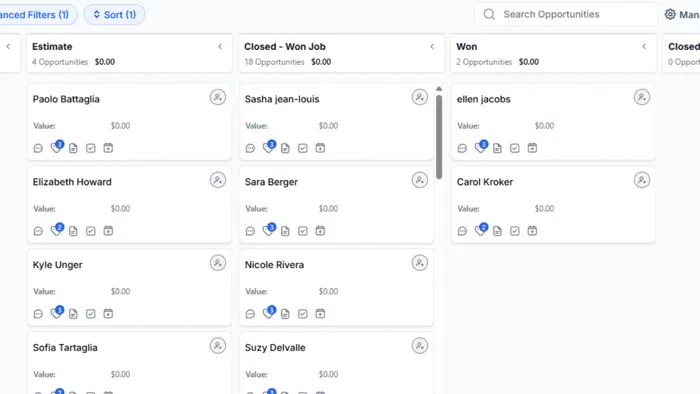 A CRM opportunity pipeline with estimate, closed-won and won columns