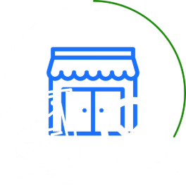 The live site's step-one icon: a storefront with a magnifier, inside a broken ring.