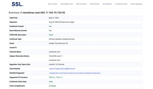 SSL certificate report for an HVAC client site showing the certificate is valid, current, and using up-to-date TLS